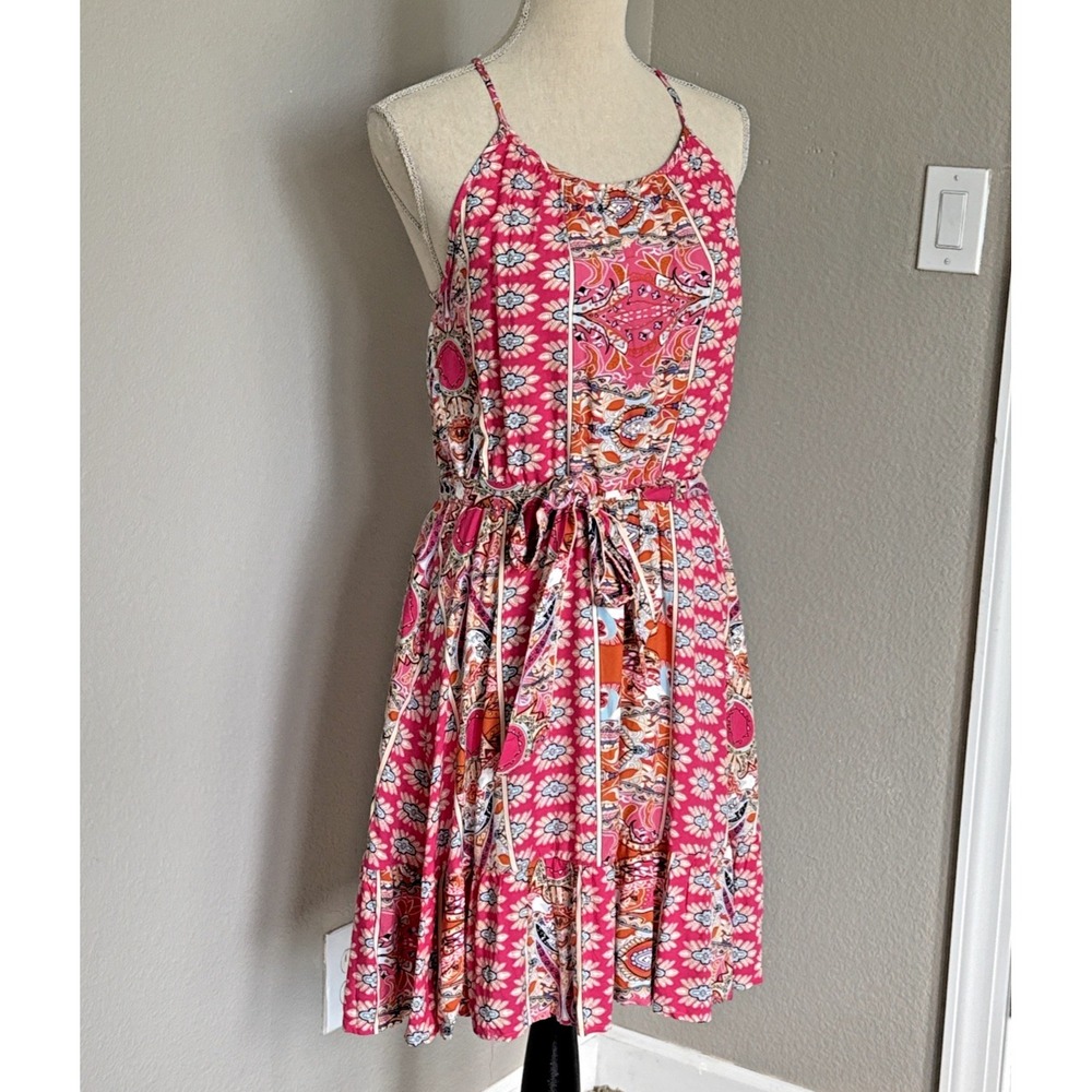 Pretty Garden Dress Women's L Pink Boho Pattern Spaghetti Straps Ruffle Hem